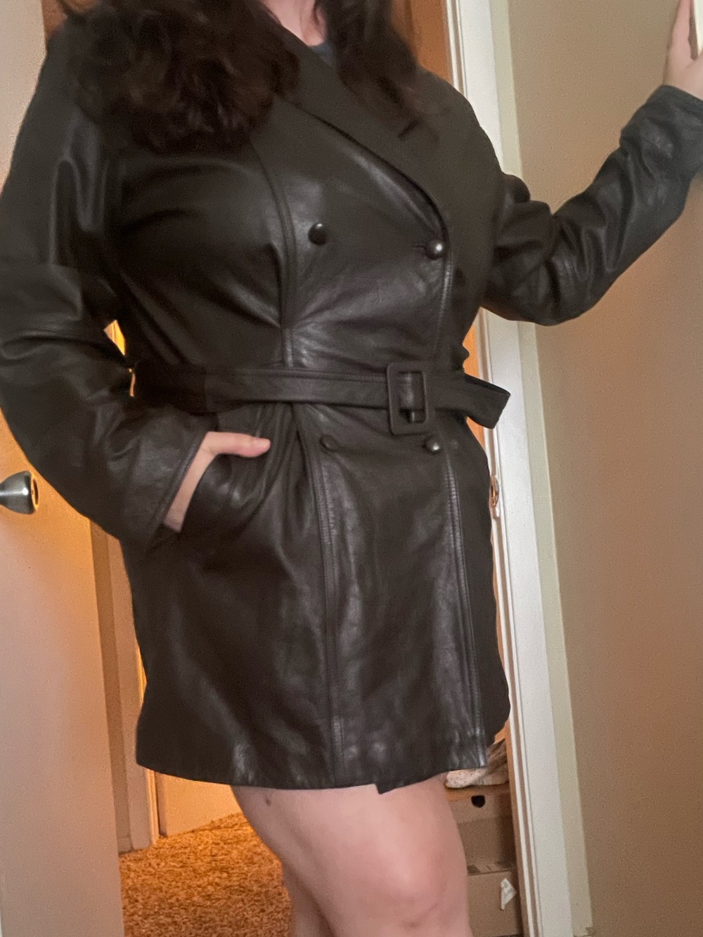 Vintage Together Dark Brown Double-Breasted Leather Trench Coat With Belt